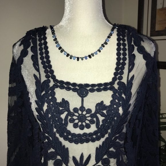 Origami By Vivien Long Sleeve Navy Sheer Lace Womens Top S - Picture 2 of 5
